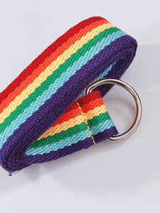 Women Lady Rainbow Stripe Colorful Casual D-ring Canvas Pants Long Belt 133cm