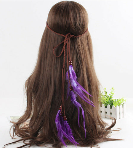 Women Girl BOHO Syn suede Purple Feather Braid Hair head band Headband Prop Wrap