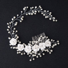 Women White Wedding Bride Bridal Pearl white Flower Party Hair Headband comb pin