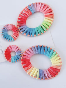 Women Raffia Beach Rainbow Colorful Multi-cloured Geometry Oval Big Earrings