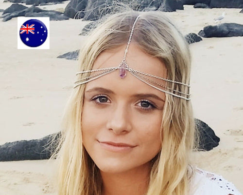 Women lady BOHO Party Pink bead Hair forehead chain head band Headband headpiece