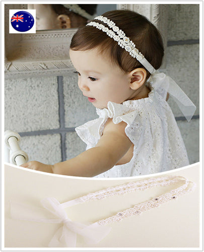 Flower Girls Kids Baby Shower Party Child Beige Crochet Hair Headband Band PROP
