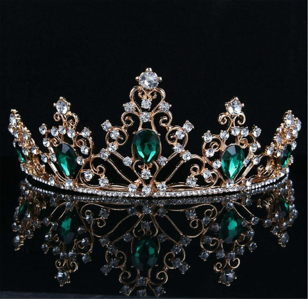 Women Retro Green Crystal Bronze Queen Party Hair Head Headband Crown Tiara