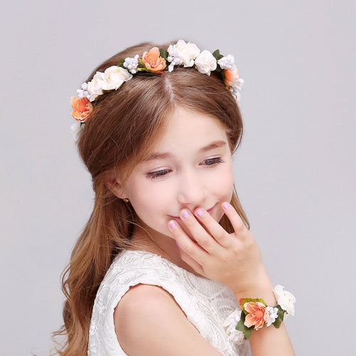 Women Flower Girl Fairy wedding Orange Hair Headband Crown Prop Garland bracelet