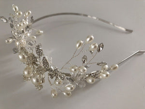 Women Prom dance headpiece Bride wedding Pearl Silver Crystal hair band Headband