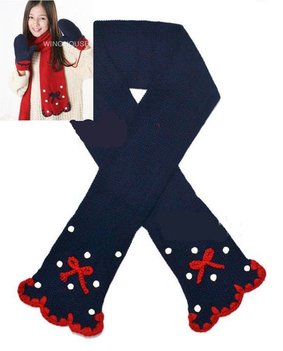 Children Girl Kid Crochet knit with bow Ski Winter Outdoors Warm Navy Scarf Wrap