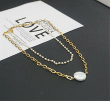 Women Chic Gold color Titanium Plated Pearl Layered Short Chain Necklace