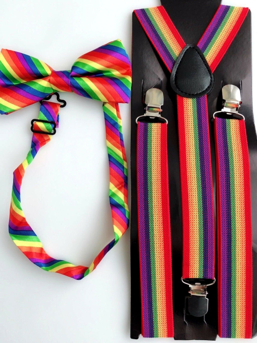 Man Lady mardi gra Costume Rainbow Colorful Stripe Brace Suspender belt bowtie