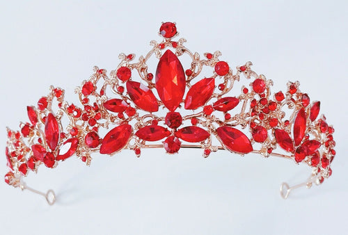 Women Red Crystal Wedding Photograph Party Retro Hair Headband Gold Crown Tiara