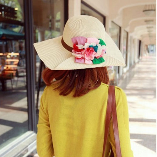 Women Fashion Chic BOHO Bohemian Flower Wide Brim Beach Straw Floppy Sun Hat