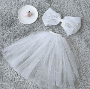 Women Flower Girl white Bride Party Wedding lace Hair head Pearl Short Veil Bow