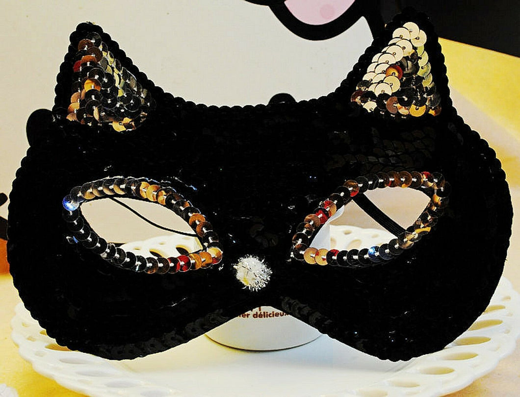 Women Girls Black Sequins Cat Kitty Costume Party Fancy Dance Eye Face Mask