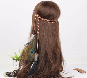 Women BOHO Syn suede Feather Peacock Braided Beach Hair head band Headband Wrap
