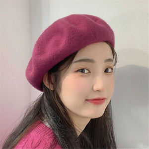 Women Warm Wool Blend Beanie French Artist Taro Magenta Round Beret Hat Cap