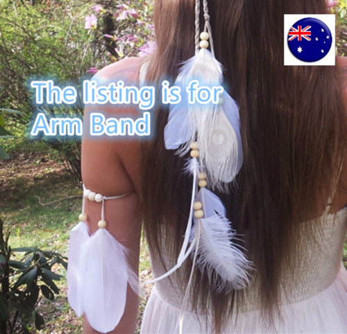 Women BOHO Syn suede White Feather Beach Wedding Bride Arm Chain Band jewellery