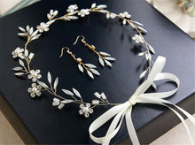 Women White Flower Leaf Bride Headband Hair Piece Ribbon Jewelry Earrings set