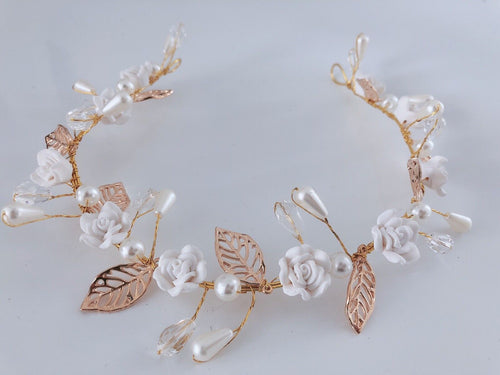 Women slim White flower Golden leaf Party Hair Head band Headband Fascinator