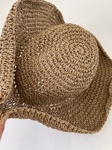 Women Khaki Brown Medium Brim Holiday Summer Beach Straw Floppy Sun Hat