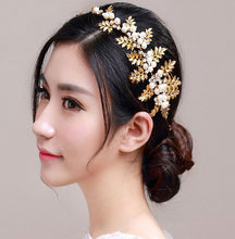 Women Boho Wedding Prom Gold Crystal Pearl Leaf Bride Hair accessory Pin PROP