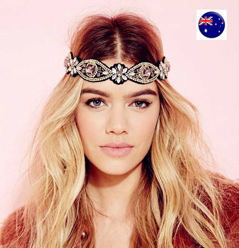 Women Lady BOHO Crystal Rhinestone Bling Black Bridal Hair Headband Head band