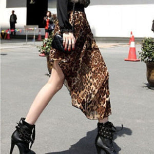 Women Ladies Fashion front short back Dip long Maxi Leopard Sheer Skirt Dress