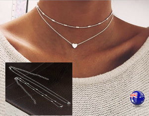 Women Lady Girl boho retro silver Color Heart Slim thin simple layers Necklace