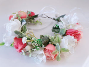 Women White Pink Rose Flower Girl Rustic Woodland Hair Headband Crown Garland