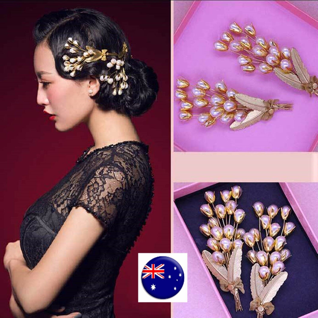 Women gold color Pearl Wedding Bride Party Race Hair Pin Headpiece Brooch PROP