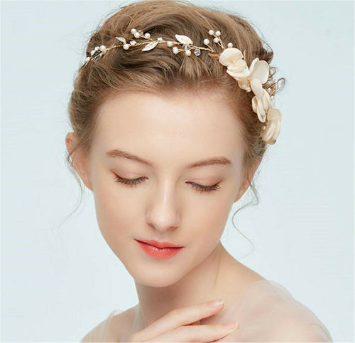Women Bride Party Beige Pearl Flower Leaf Hair Headband Band garland Fascinator