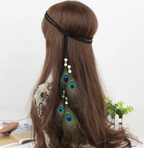 Women BOHO Syn suede Feather Peacock Braided Hair head band Wrap Headband Prop