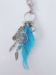 Women Bohemian BOHO Blue Feather Dream Catcher Crystal Key Ring holder Keyring