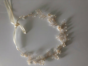 Women Creamy White Pearl wedding Crystal Bridal Hair Headband ribbon Garland