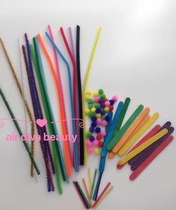 Kids Child 16 Pipe Cleaner Sticks + 40 Pompoms Wooden Pop Stick Paddle Craft Set