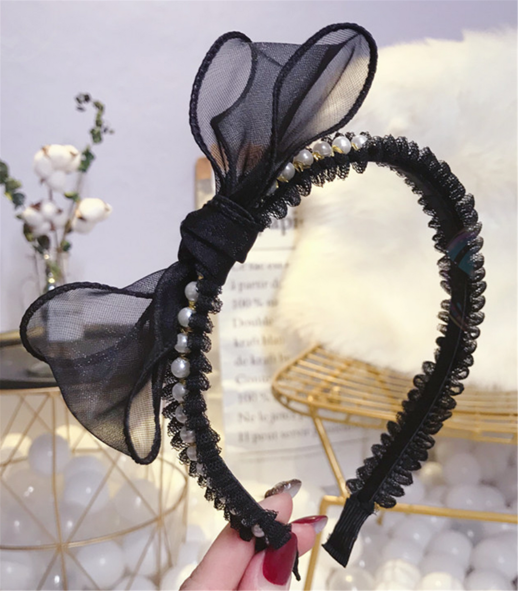 Women Girl Retro Black bow Lace Ribbon Pearl Party Headband Hair head band hoop