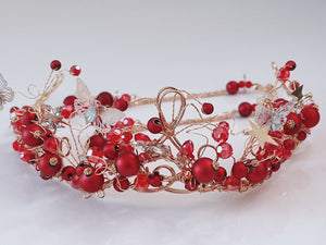 Women Red Bead Butterfly Hair Headband Garland Leaf  Tiara Fascinator Earrings