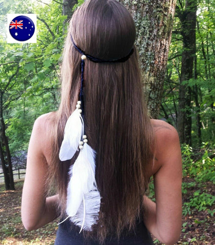 Women BOHO Syn suede White Feather Black Braided Hair head band Headband Wrap