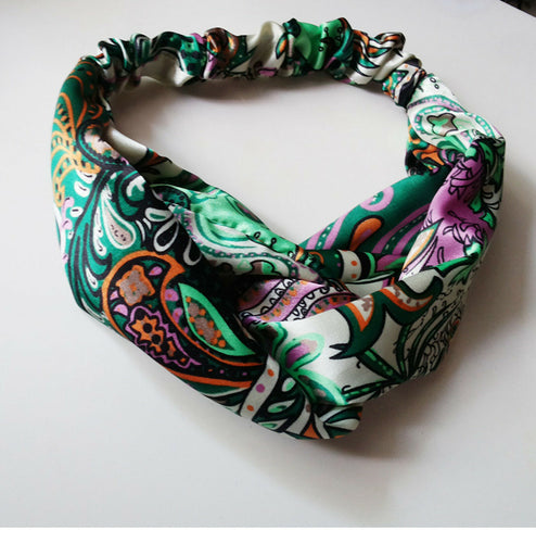 Women Lady Flower Boho Bohemian Cross hair head headband band Scarf Wrap Bandana Green Floral