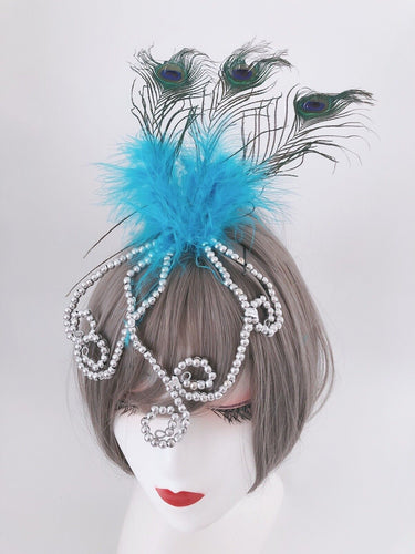 Blue Peacock Feather Race Prom Dance Party Hair Head headpiece Fascinator clip