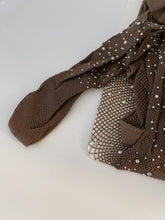Women Crystal Rhinestone Coffee Fishnet Open Crotch Pantyhose Stockings Tights