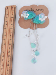 Women Girl Blue Pearl Mermaid Shell Forehead Chain Tassel Hair Clip Brooch Pin