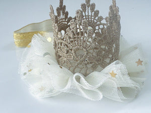 Girl Kids Baby Lace Gold Princess Birthday Crown Tiara Elastic Hair Headband
