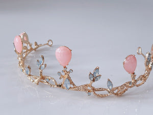 Rose Quartz and moon Crystal Tiara – Delicate Floral Crown for Weddings & Special Occasions