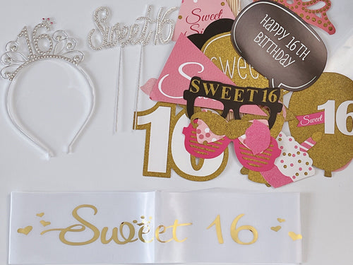 Sweet 16 Birthday Party Crystal Tiara Hair Headband Photo Booth Prop Sash Topper