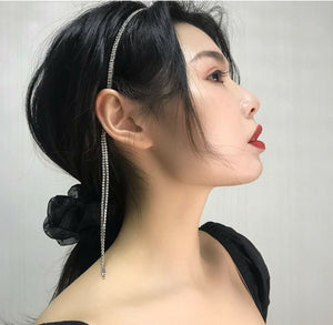 Women Crystal Rhinestone Bling Hair Slim Headband Head band with Tassels Chain