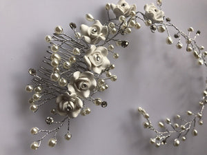 Women White Wedding Bride Bridal Pearl white Flower Party Hair Headband comb pin