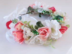 Women White Pink Rose Flower Girl Rustic Woodland Hair Headband Crown Garland