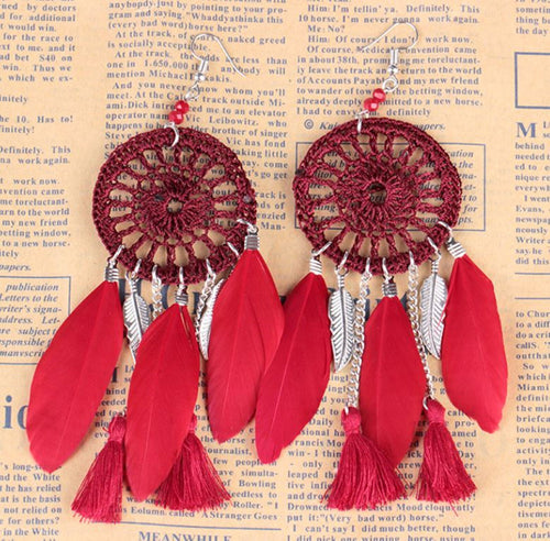 Women Retro Boho Red Long Tassel feather Dream Catcher party Earrings Ear Hook