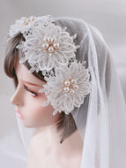 Women Bride Bridal Wedding White Pearl Flower with Clips Trim Hair head Veil