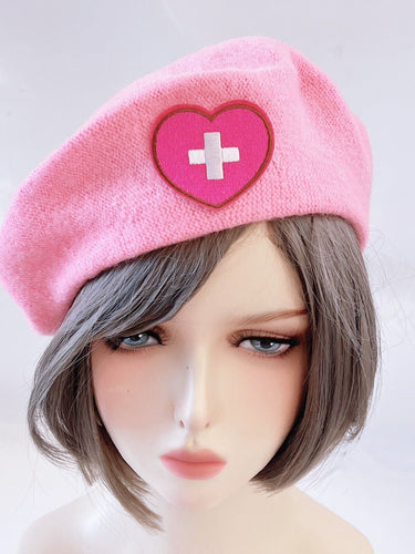 Women Chic Red Heart Cross Nurse Round Beanie French Artist Pink Beret Hat Cap