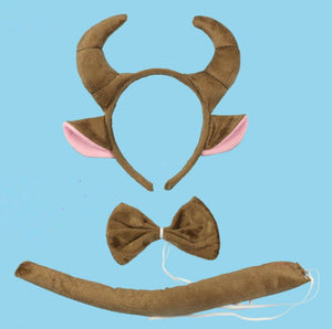 Women Kid Brown Cow Bull Horn Costume Ear tail bowtie Party Hair headband set